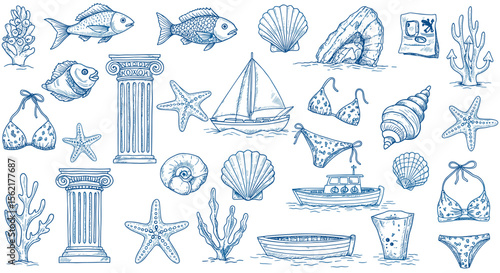 Nautical and marine vector illustration: sea life and vacation elements for design