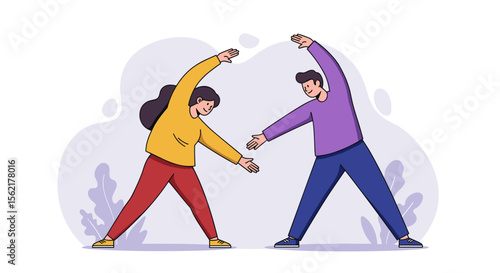 Active lifestyle concept with people stretching in flat style vector illustration for fitness and exercise design