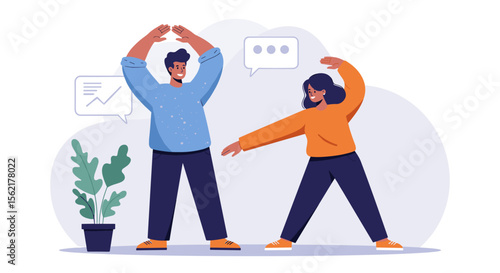 Office fitness break vector illustration – people exercising indoors for health and well-being