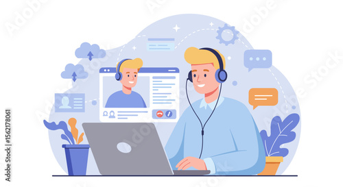 Customer support communication vector illustration in flat style for call center design
