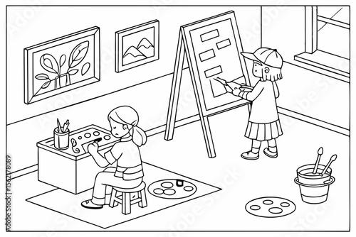 Line art coloring page of a classroom during art time, with easels, paint, and children creating artwork