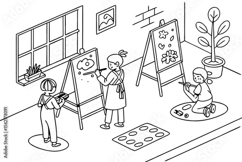 Line art coloring page of a classroom during art time, with easels, paint, and children creating artwork