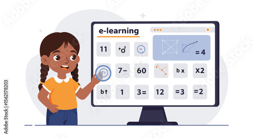 Child engaging with e-learning math program on tablet educational vector illustration