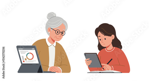 Generational gap in technology use vector illustration - elderly and young interaction - digital age learning concept
