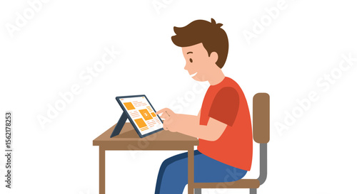 Child engaged in learning with tablet vector illustration for educational content design