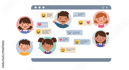 Online communication among diverse children in a chatroom vector illustration for educational design