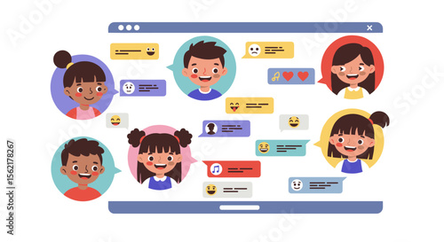Online communication concept with children in cartoon style - vector illustration for social interaction and digital learning design