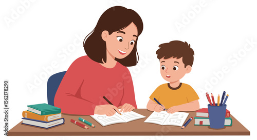 Mother and son studying together vector illustration for educational and family design