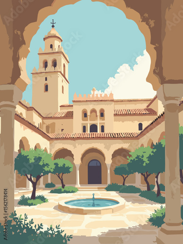 Alhambra’s intricate arches and towers in palace cream stone, terracotta roofs, tile‑blue accents, and olive courtyards