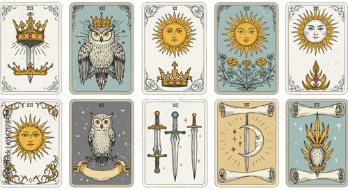 Mystical tarot card vector illustration with sun, moon, owl, and crown symbols for spiritual design