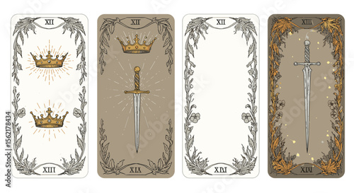 Medieval tarot card set vector illustration: crown and sword concepts in vintage style for mystic design