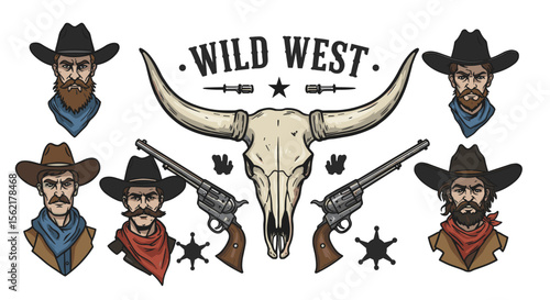 Wild west vector illustration with cowboy elements and skull for poster and card design