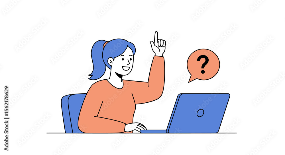 Woman asking question with laptop, flat vector illustration for education design Woman asking question with laptop, flat vector illustration for education design