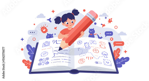 Child's creative journey with pencil and sketchbook vector illustration in flat style