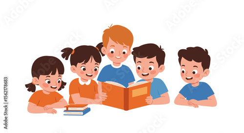 Group of children enjoying storytime together in a vector illustration design for educational materials