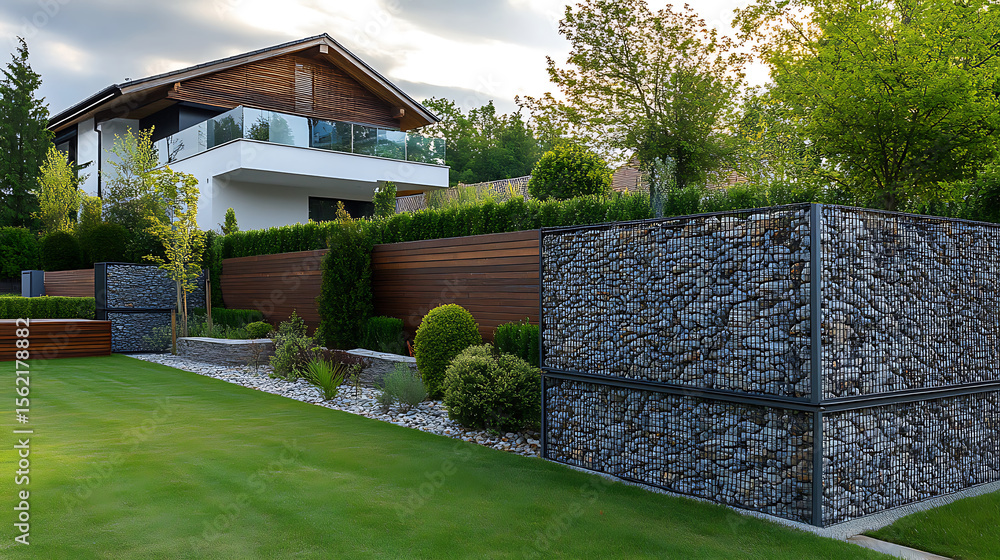 Naklejka premium Modern Home with Gabion Walls, Wood Fence, and Green Lawn Exterior Design