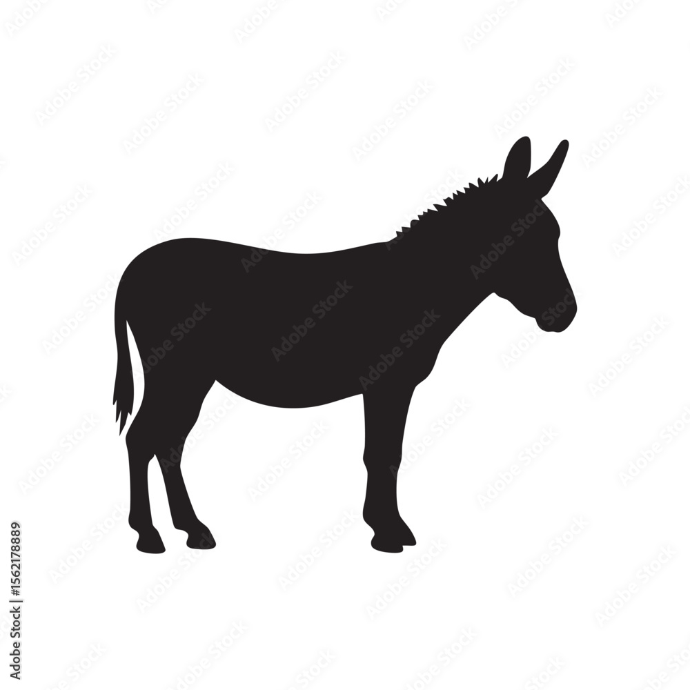 Fototapeta premium Black silhouette of a donkey standing profile view isolated on white background silhouette