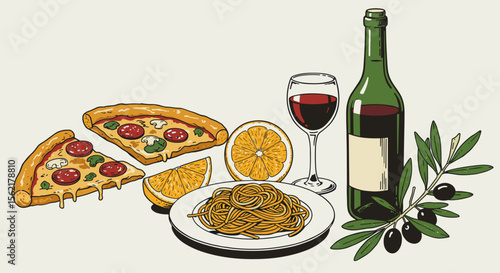 Italian cuisine vector illustration with pizza, wine, and pasta for culinary design