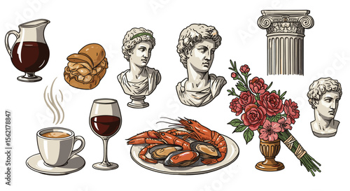Classical and culinary themed vector illustration with sculptures and gourmet food elements
