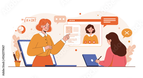 Online learning and virtual classroom concept with interactive video call in flat vector illustration