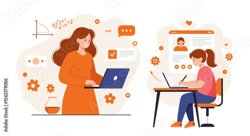 Online learning and tutoring vector illustration with teacher and student in flat style for educational design