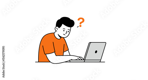 Curious man using laptop with question mark in minimalist vector illustration for problem solving and inquiry