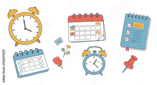 Hand drawn office stationery and clocks vector illustration for planning and organization design