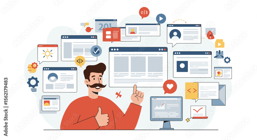 Digital workspace vector illustration with user interfaces and analytics for business design Digital workspace vector illustration with user interfaces and analytics for business design