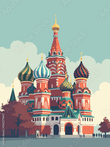 St Basil’s Cathedral onion domes in Moscow with red brick, turquoise patterns, ivory trim, and charcoal skyline