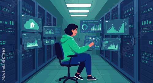 Data management in modern server room vector illustration for technology and business design