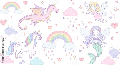 Magical fantasy creatures vector illustration: unicorns, fairies, and rainbows in pastel colors for kids’ design