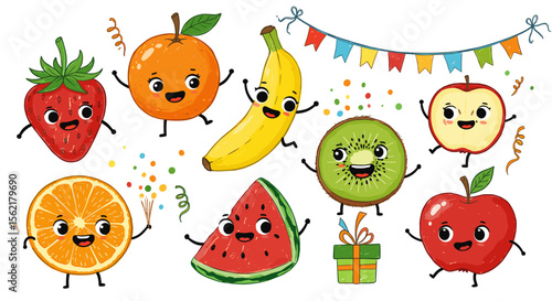 Cheerful fruit characters celebration vector illustration for festive design and decor