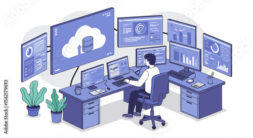 Cloud computing control room vector illustration: tech professional managing virtual network in modern workspace