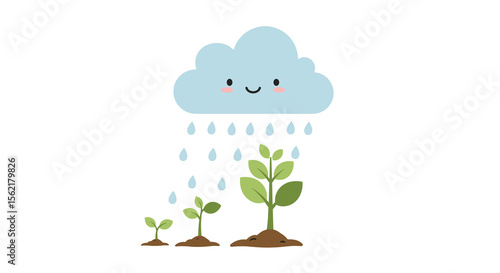 Cute nature growth vector illustration with happy cloud and plants for environmental poster design