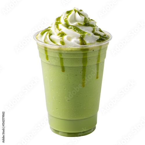 Frozen matcha frappé in a clear takeaway cup, topped with whipped cream and matcha drizzle, isolated on a transparent background