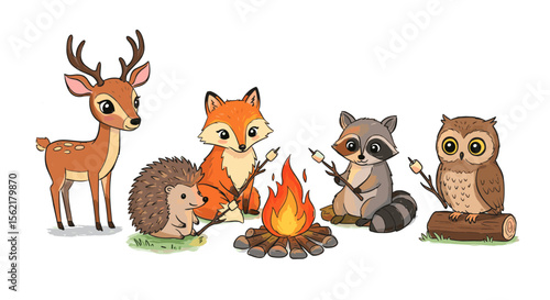 Cute forest animals enjoying campfire marshmallows vector illustration - design for children's posters and greeting cards