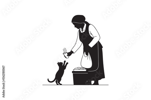 Woman Feeding Cat Silhouette Illustration