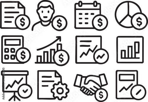 Collection of line icons representing various financial concepts such as reports, graphs, money, growth, and business deals, ideal for presentations or websites.