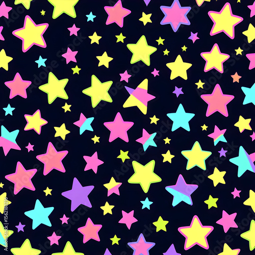 Seamless pattern of funky neon stars in electric pink, bright blue, lime green, and yellow on dark purple or black background. Various geometric styles with bold outlines and high contrast.