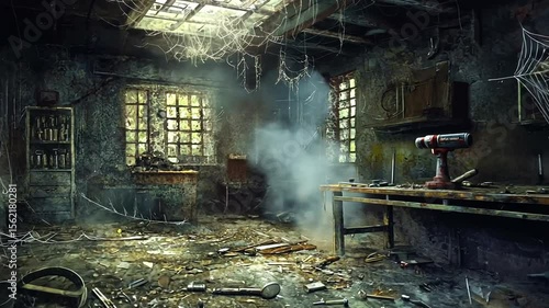 Abandoned workshop filled with dust and cobwebs, sunlight streaming through broken windows