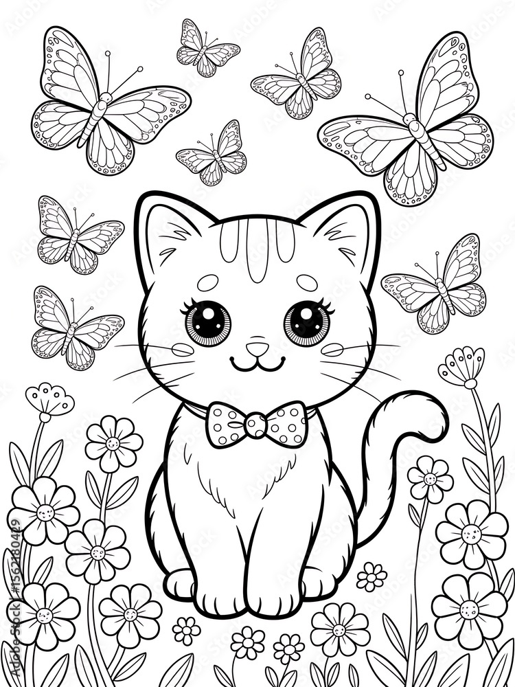 Obraz premium Cute Kitten Surrounded by Butterflies and Flowers