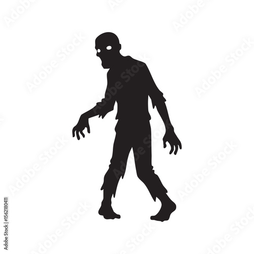 Creepy zombie figure with glowing eyes in a silhouette style isolated on white background