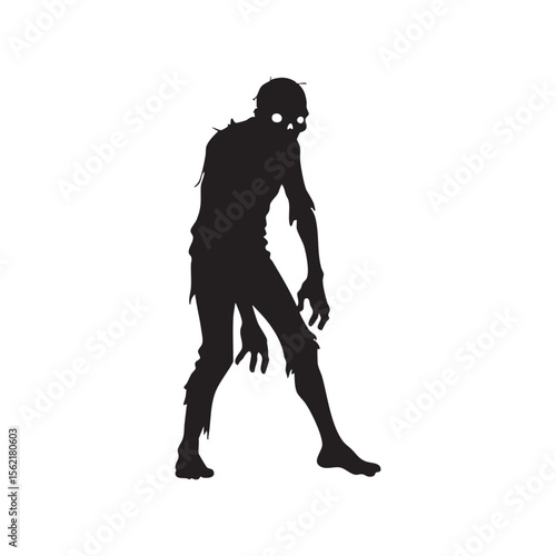 Creepy zombie silhouette with glowing eyes walking slowly isolated on white background silhouette