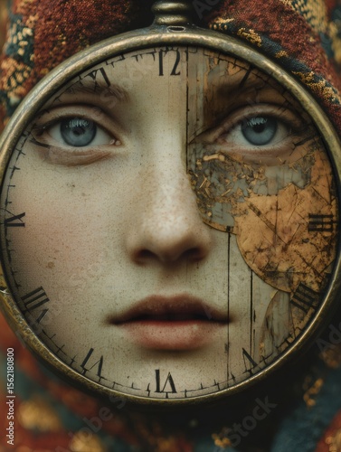 Surreal image depicting a woman's face partially obscured by an antique pocket watch, symbolizing the passage of time and the inevitable decay of beauty