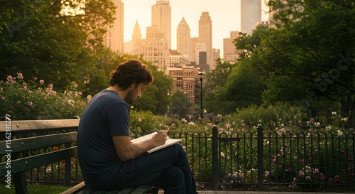 Serene Urban Sketch Man Drawing in Park with Cityscape Backdrop at Sunset.