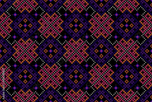Mesmerizing seamless pixel art pattern, ethnic , geometric motifs. Dominated,dark black background with rich violet, vibrant orange, and hints of pink. Ideal for textiles,fashion, digital backgrounds.