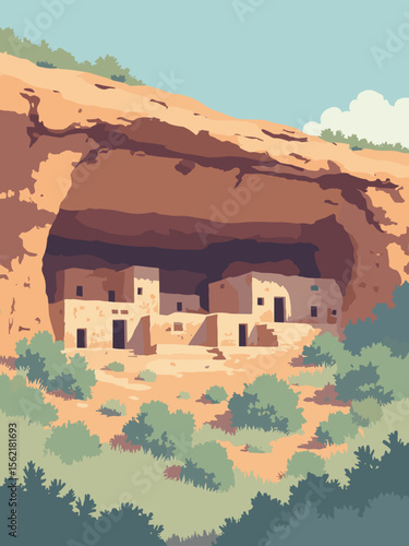 Mesa Verde cliff dwellings carved into rust-red sandstone cliffs with sage green shrubs, sky gray shadows, and pale beige homes