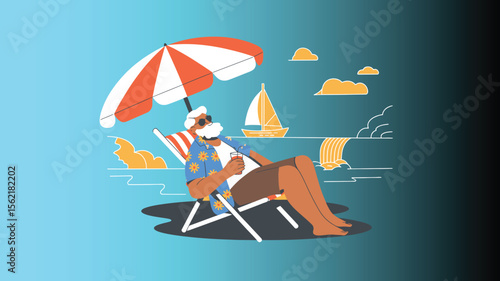 Elderly man relaxing on a beach chair with sunglasses and drink, enjoying a sunny seaside vacation with cliffs, ocean, and leisure vibes