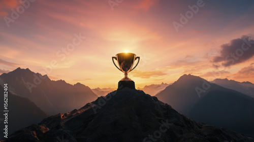 Glowing trophy atop mountain peak under vibrant sunrise symbolizing motivation and achievement