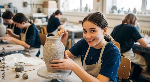Smiling Young Artist Decorating Pottery Vase in Bright Studio.